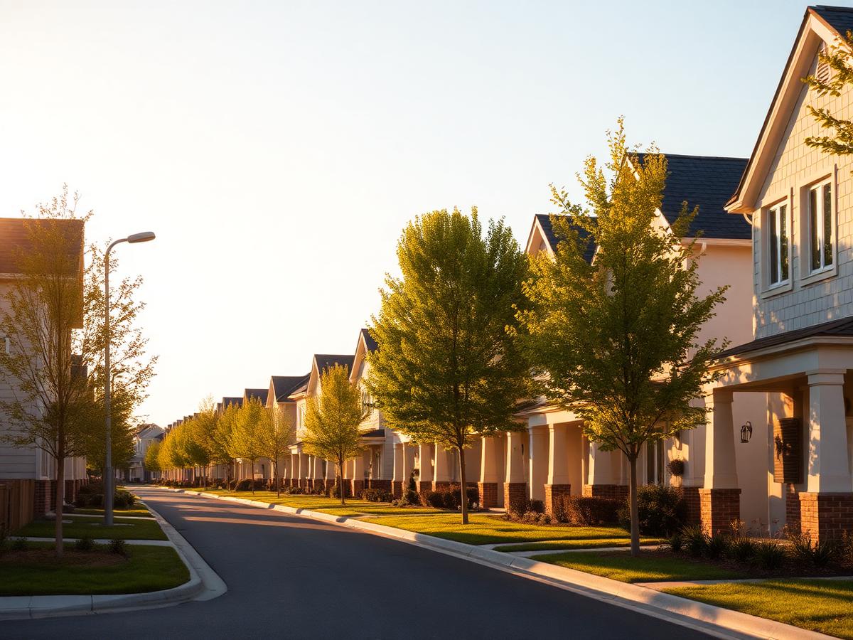 New-build neighborhood street at golden hour